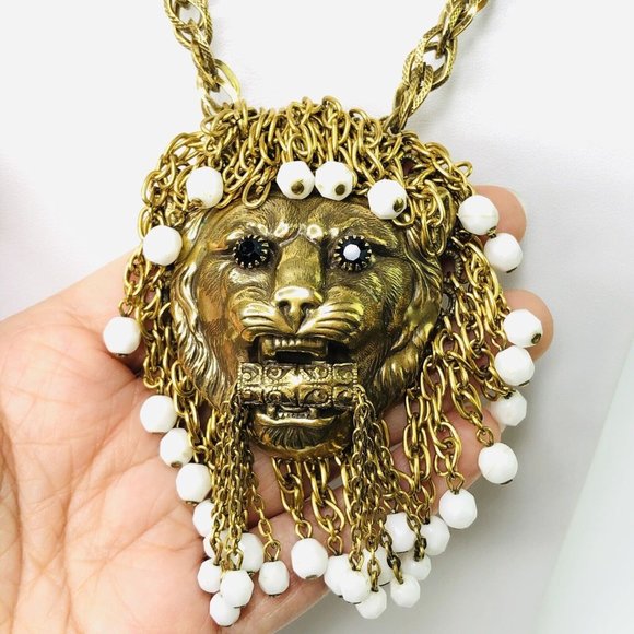 Majestic Gold and White Lion Necklace - Picture 1 of 10